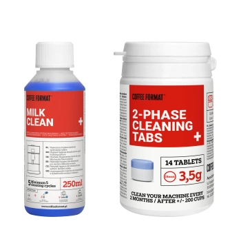 ZESTAW Coffee Format Małe opakowanie dwufazowych tabletek czyszczących i mały płyn do systemu mlecznego