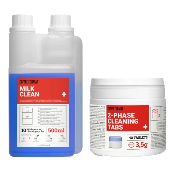 ZESTAW Coffee Format Duże opakowanie dwufazowych tabletek czyszczących i duży płyn do systemu spieniania mleka